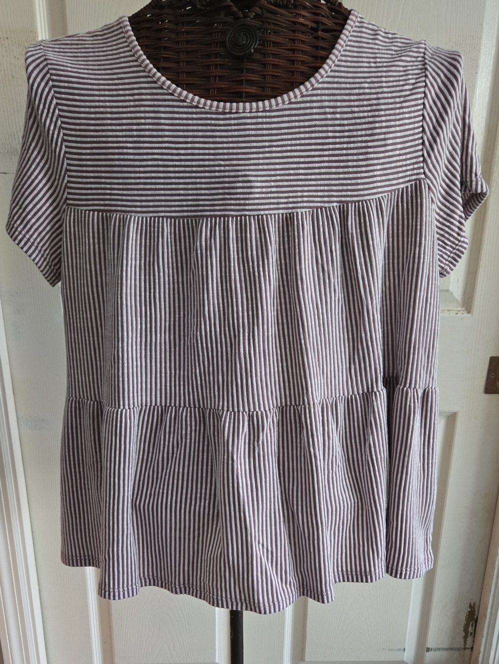 Exclusive One Striped Short-Sleeve Peplum Babydoll Top in Maroon Stripe-Size XL